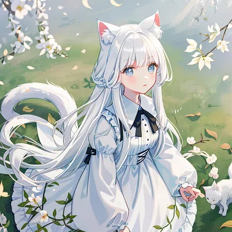 The white-clothed cat-eared girl looked up at the white-haired willow-leaf eyebrows, Fluffy tail, Lace shirt