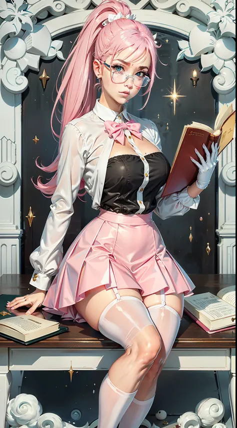 Pink hair，High long ponytail，round frame glasses，Year of the cardamom，Pink over-the-knee skirt，Translucent white stockings，library，Librarian，Reading，desks，Tsundere，White and tender，Wearing white gloves，plain face，Slim，Large breasts，in one hand Holding a bo...