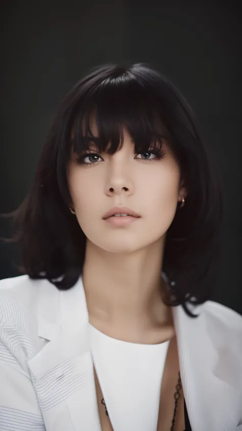 a black haired women with serious face, facing and looking at the camera