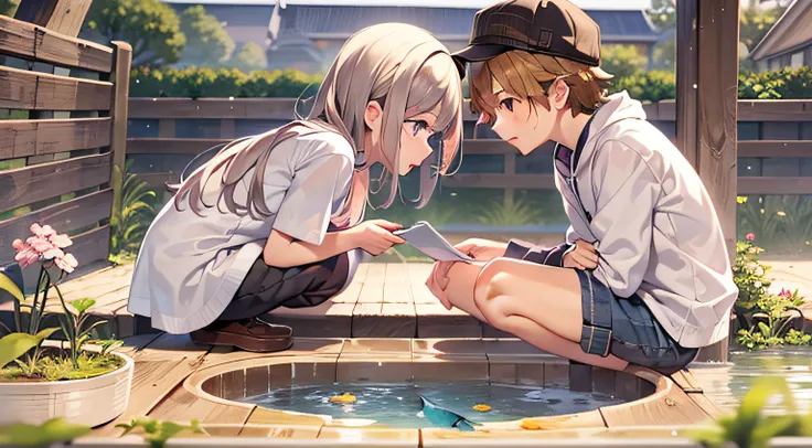 Boys and girls face to face squat in the farm yard，Two small fish swim in the basin；Digital rendering in Shinkai Makoto style，beautiful anime scenery。