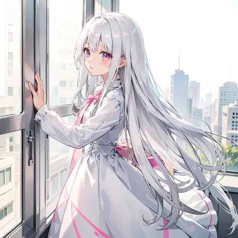 silver-white long hair，Pink eyes，white dresses，Petite loli，expressiveless，Looking out the window，hair flowing，In the hospital ward