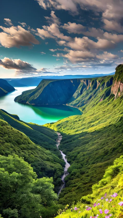 Masterpiece, ultimate quality, Cg unity 8k wallpaper, super delicate, beautiful sky and clouds, rich natural scenery, cliffs, lakes and rivers, waterfalls and flying water, beautiful green mountains, no trace of people, excellent scenery, has already won a...