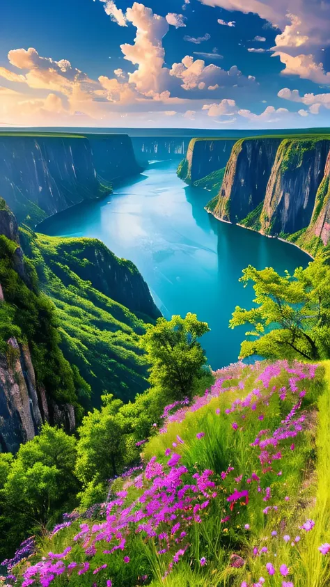 Masterpiece, ultimate quality, Cg unity 8k wallpaper, super delicate, beautiful sky and clouds, rich natural scenery, cliffs, lakes and rivers, waterfalls and flying water, beautiful green mountains, no trace of people, excellent scenery, has already won a...