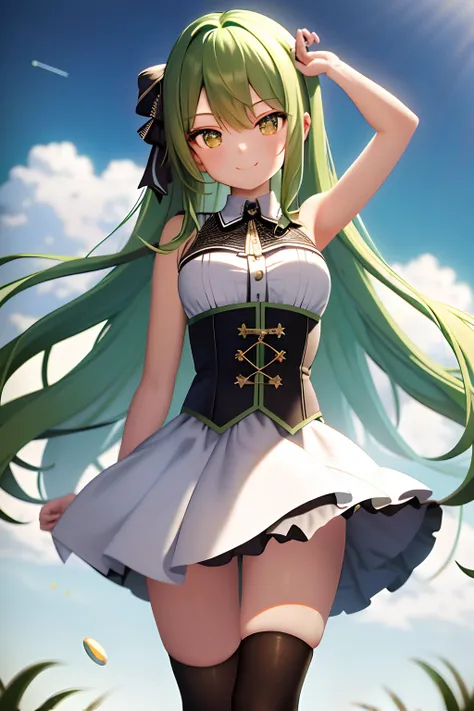 (Masterpiece, Best quality:1.2),, Solo, 1girll, Green hair，Wide buttocks， Smile, Closed mouth, view the viewer, White dress without straps, Corset, Layered skirt, black over-the-knee socks, Bare shoulders, cosmic space, Star (sky)