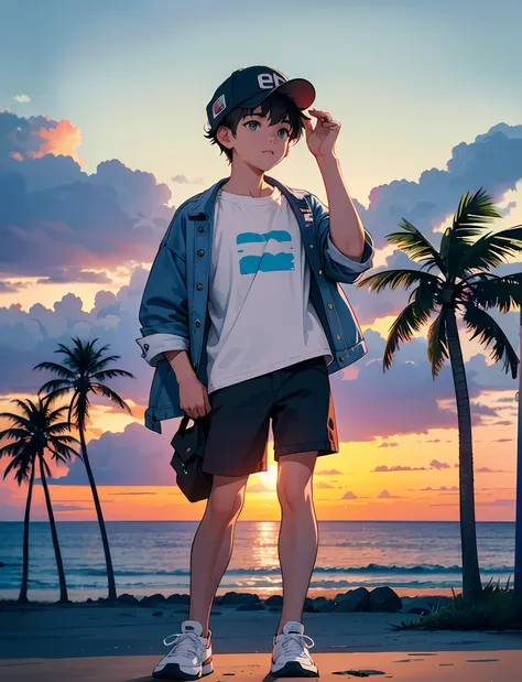 a young boy with，wear a denim jacket，wear sneakers，with a baseball cap，sit on a reef by the sea，there are coconut trees on the b...