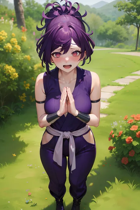 best quality, masterpiece, (praying:1.4), standing, pov, 1girl, yuzuriha_(jigokuraku), purple hair, brown eyes, ninja, open clothes, cleavage, small breasts, topknot, medium hair, looking at viewer, outdoors, forest, open mouth, purple boots, bush, seducti...