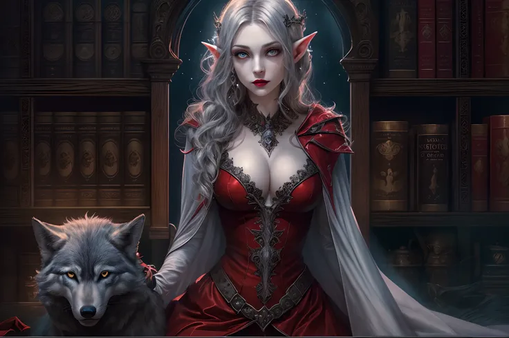 a picture of vampire elf in her castle and her pet wolf, an exquisite beautiful female elf vampire (ultra detailed, Masterpiece, best quality), full body, ultra detailed face (ultra detailed, Masterpiece, best quality), grey skin, blond hair, hair in a pon...