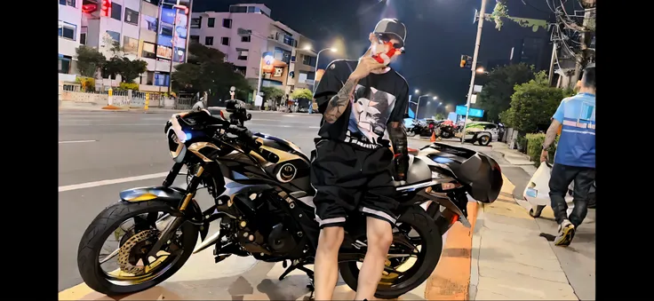 There was a man on a motorcycle on the side of the street, outlive streetwear collection, in the style of sifu 🔥 😎 🕹️ 👀 :2, 🚿🗝📝, kanliu666, sitting on cyberpunk motorbike, 🪔 🎨;🌞🌄, wearing japanese techwear, 🔞🤡, sitting on the motorcycle