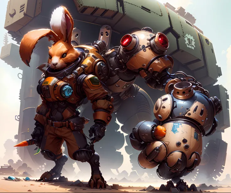 Close-up of cartoon character holding carrot, edgBunny_Character, rabbit robot, senior concept artist, character design contest winner, anthro concept art, interesting character design, expert high detail concept art, greg rutkowski concept art, video game...