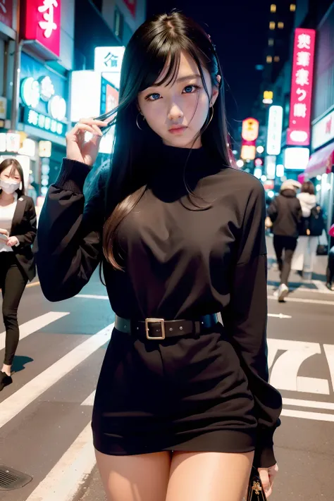 （8K分辨率，Close-up of the night，Photos above the legs，Wave to people on the road，photorealestic），（1 female，age 22，（Rina Fujiis facial features：1.8，Face with thin bones，s delicate face），com rosto detalhado，（Delicate Japanese makeup），Beautiful face，com rosto de...