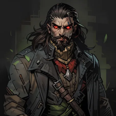 darkest dungeon style, one man, hunk, shoulder long hair, cruel face, short beard, glowing red eyes, dark hair, wearing big gree...