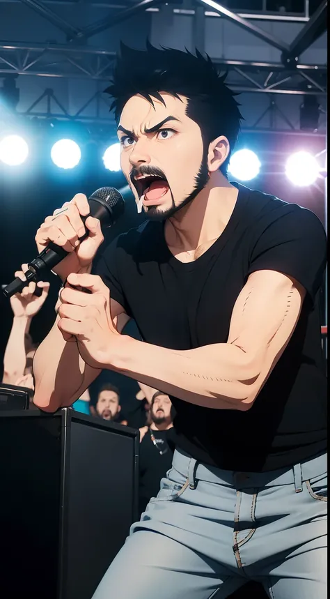 One man wearing black shirt, black jeans, very short haircut,short mustache,short beard, perfect anatomy, focus on camera, standing in heavy metal concert,holding mic, screaming, authentic pose, authentic expression