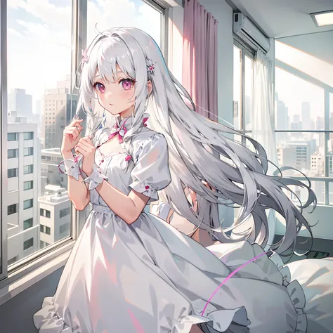 silver-white long hair，Pink eyes，white dresses，Petite loli，expressiveless，Looking out the window，hair flowing，In the hospital ward