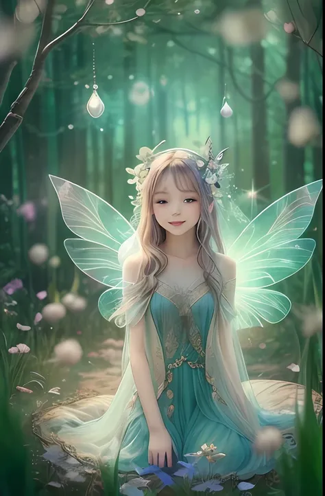 beautiful fairy with a sense of transparency､beautiful sparkling forest、transparent feathers､kindly smile､animal rain background...