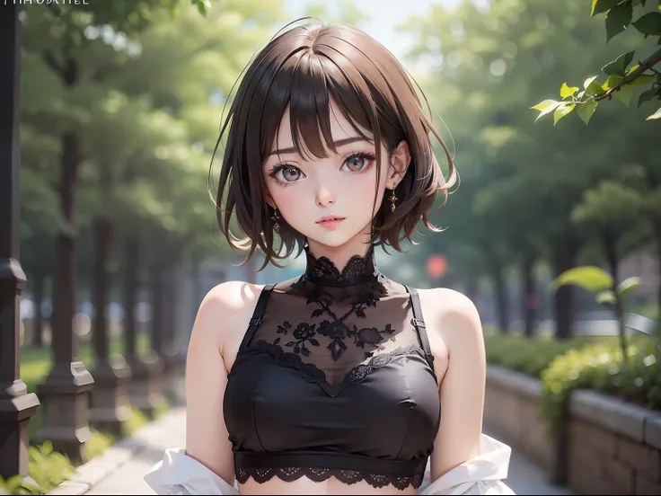 tmasterpiece，Best quality at best，Beautiful quality，Photorealsitic，looking at viewert，Detailed lighting，Extremely detailed skin，Extremely detailed short hair，shadowing，8K：1.2，1girll，Short top，Lace shorts，Crop top