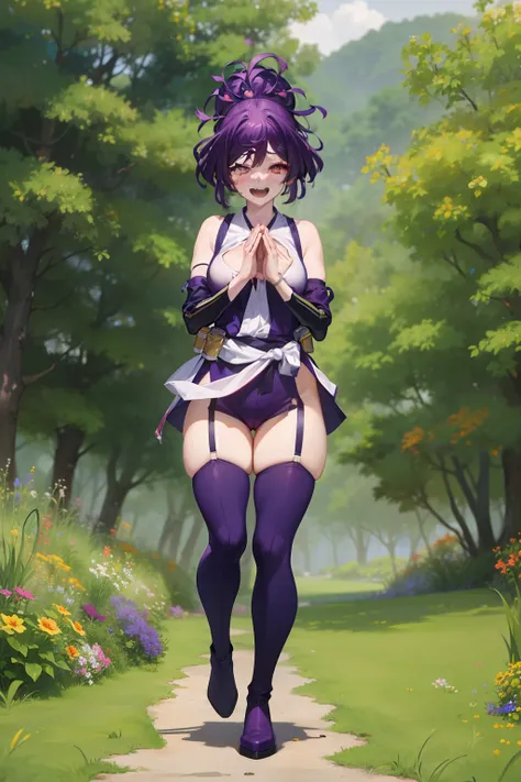 best quality, masterpiece, (praying:1.4), standing, pov, 1girl, yuzuriha_(jigokuraku), purple hair, brown eyes, ninja, open clothes, cleavage, small breasts, topknot, medium hair, looking at viewer, outdoors, forest, open mouth, purple boots, bush, seducti...