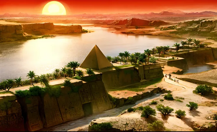 ancient egyptian civilization，wide wide shot，nile river，pyramid，setting sun，the river extends to the horizon，epic sense，sense of...