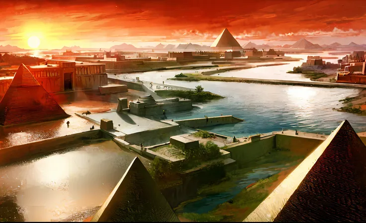 ancient egyptian civilization，wide wide shot，nile river，pyramid，setting sun，the river extends to the horizon，epic sense，sense of...