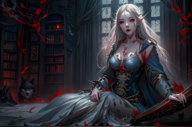 a picture of vampire elf in her castle and her pet wolf, an exquisite beautiful female elf vampire (ultra detailed, masterpiece,...