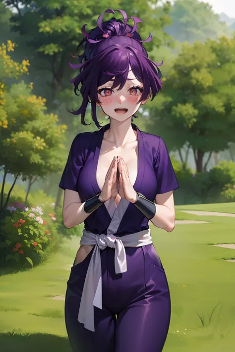 best quality, masterpiece, (praying:1.4), standing, pov, 1girl, yuzuriha_(jigokuraku), purple hair, brown eyes, ninja, open clothes, cleavage, small breasts, topknot, medium hair, looking at viewer, outdoors, forest, open mouth, purple boots, bush, seducti...