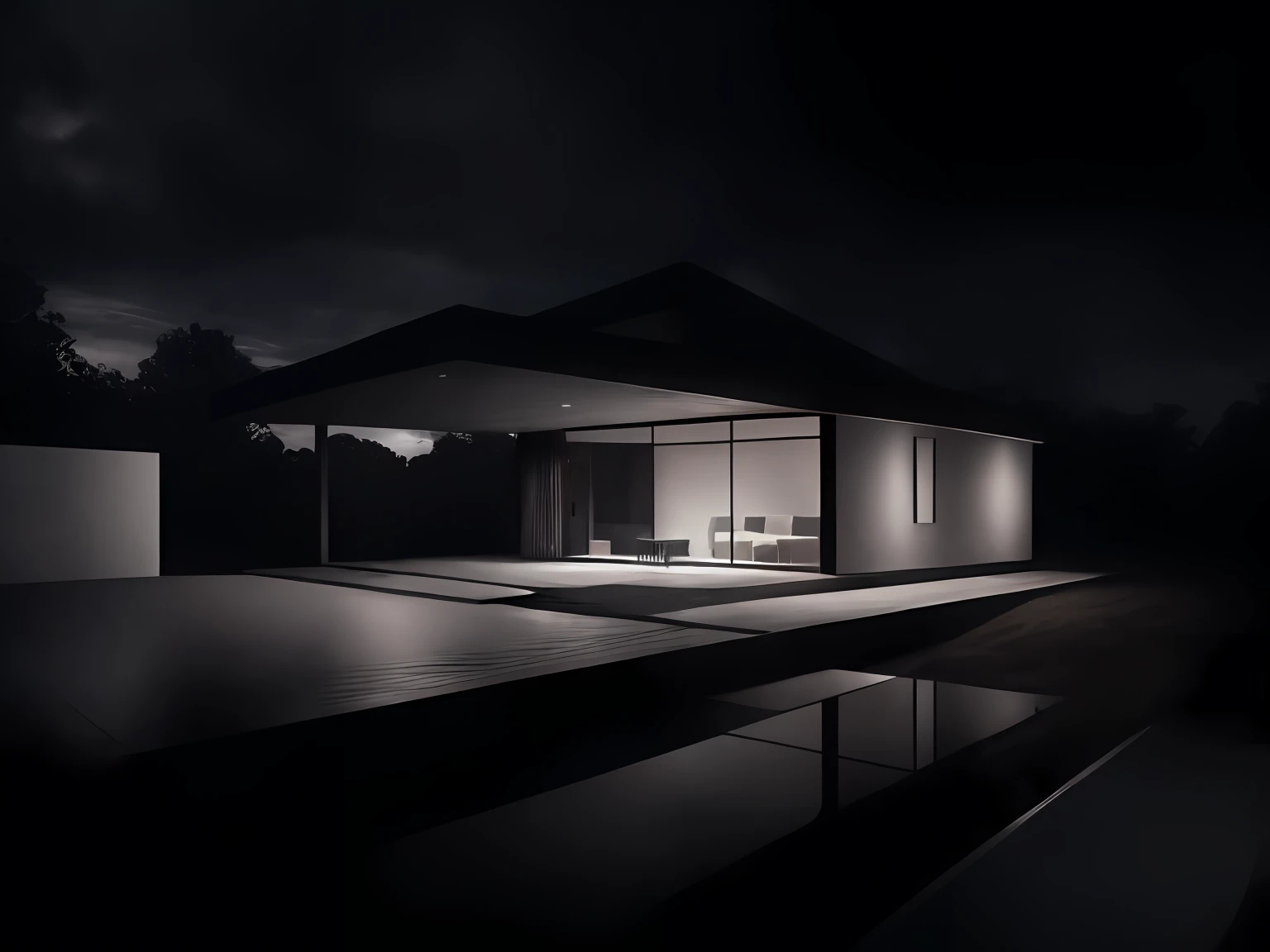 modernhouse, house, glass house with a sloping roof, modern, dynamic (RAW photo, real, best quality, masterpiece:1.2), (hyper realistic, photo-realistic:1.2), high quality, (dark lighting:1.2), perfect lighting, archdaily, dark sky, dark night, dark theme,