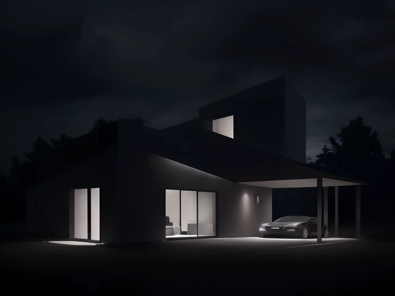 modernhouse, house, glass house with a sloping roof, modern, dynamic (RAW photo, real, best quality, masterpiece:1.2), (hyper realistic, photo-realistic:1.2), high quality, (dark lighting:1.2), perfect lighting, archdaily, dark sky, dark night, dark theme,