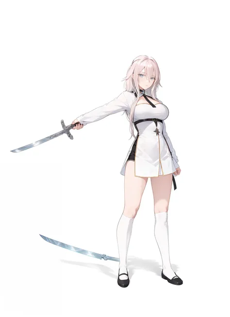 draw a woman in a straitjacket holding a sword, clean anime outlines