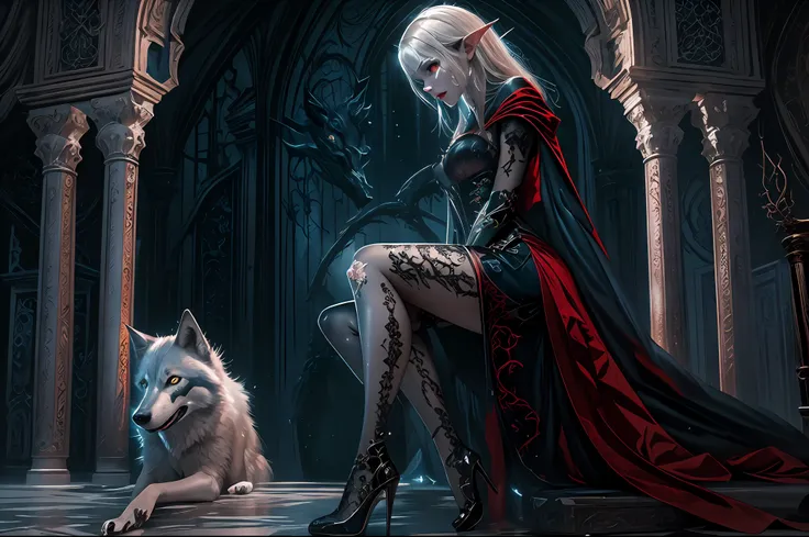 a picture of vampire elf in her castle and her pet wolf, an exquisite beautiful female elf vampire (ultra detailed, masterpiece,...