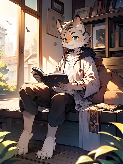 Masterpiece, Best quality, Perfect anatomy, author：K0bit0wani, author：Milk Tiger 1145, (author：Dex:0.3), Furry, coyote, Solo, Male, baggy clothes, Open clothes, Eau, Abs, holding book, Detailed background, music sheets, Leaning back, Butterfly, Grass，Shota...