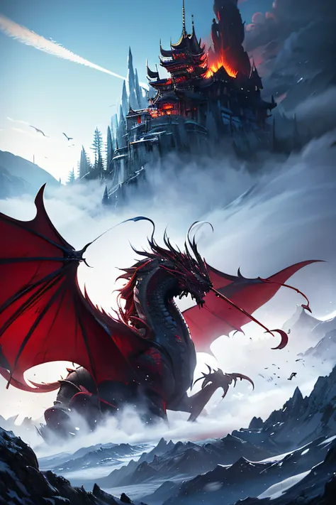 Red and black and a little white、mountain ranges、The dragon、Near future、ciber、sea of clouds、the morning sun、wanting、grand、(1womanl:1.2),Giant Swing、Fly over the mountains,)devastated,Shining Weapon,Dynamic Angle, Splash Art, [(Art: Art: Art. Art.:0.8)|Art ...