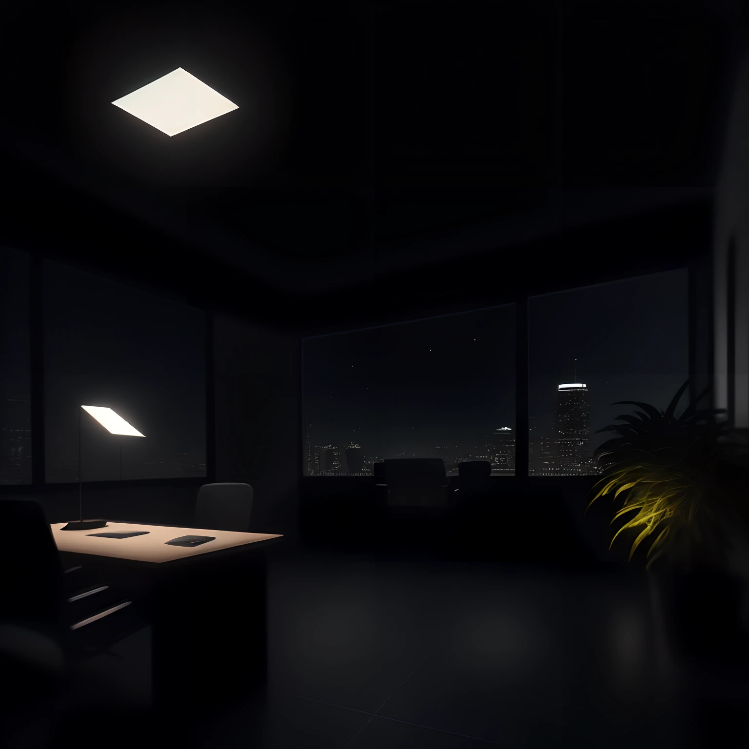 antitech,light particles, chair, computer, desk, indoors, monitor, no_humans, office_chair, plant, potted_plant, scenery, table, tile_floor, tiles, trash_can,scifi, dark sky, dark night, dark theme,