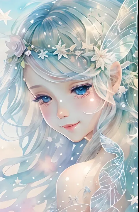 beautiful fairy with a sense of transparency､beautiful sparkling ocean、transparent feathers､kindly smile､summer background､gentl...