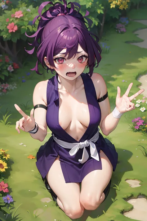 best quality, masterpiece, (from above:1.3), squatting, spread legs, (peeing:1.3), hidden,
1girl, yuzuriha_(jigokuraku), purple hair, brown eyes, ninja, open clothes, cleavage, small breasts, topknot, medium hair, white obi, (looking back:1.1), outdoors, f...