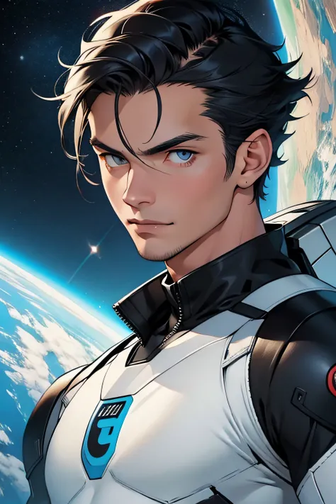 personagem masculino, com cabelo curto, fundo espacial