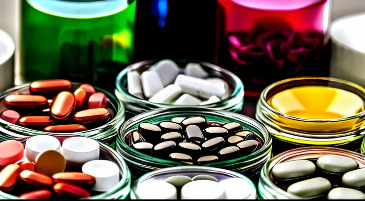 In the glass jar on the table there are a lot of pills and pills, Pills and pills, drug, taking mind altering drugs, pharmacy, drug, chemicals, Quack medicine, exclusive, viral image, Medical Supplies, editorial photo,, drug, Colorful Medical Equipment, di...