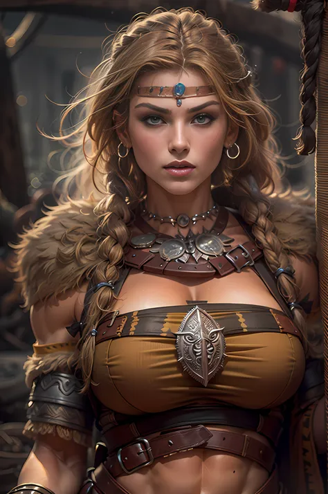 (masterpiece, ultra detailed: 2), (best quality: 2), (beautiful woman: 2), (beautiful face: 2), viking warrior woman, big muscle...