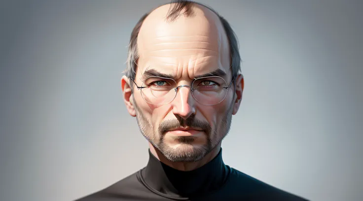 "Create a caricature-style image of Steve Jobs with highly exaggerated eyes and mouth. Emphasize the eyes to be wide open and startled. Maintain his iconic appearance while adding a playful and exaggerated touch to his features."