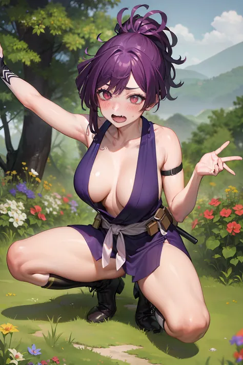 best quality, masterpiece, (from above:1.3), squatting, spread legs, (peeing:1.3), hidden,
1girl, yuzuriha_(jigokuraku), purple hair, brown eyes, ninja, open clothes, cleavage, small breasts, topknot, medium hair, white obi, (looking back:1.1), outdoors, f...