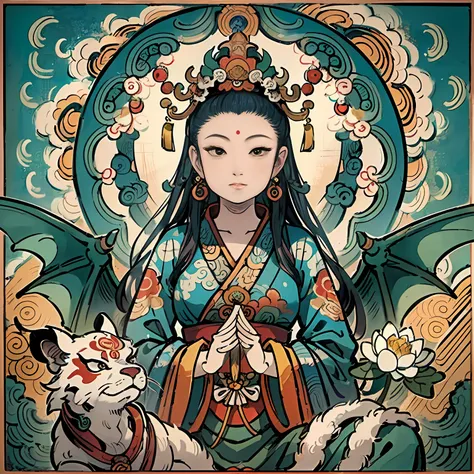 an ancient Chinese goddess, guanyin of the southern seas, Guanyin, Inspired by India, Avalokiteshvara rides a dragon，,Serene expression,shui mo hua,Buddha,Buddhist,Lotus,Chinese painting style,Thangka style