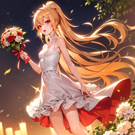 hightquality,kawaii girl,18year old,Long,High ponytail,a blond,Hair between the eyes,Shedding sideways hair,Wave Hair Crystal Clear Hair,,Red eyes,Colorful dresses,（（holding a bouquet of flowers in both hands,）)evening glow,chies,