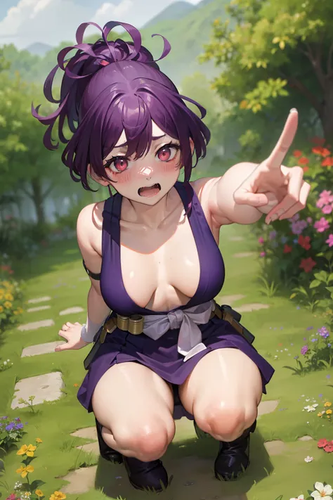 best quality, masterpiece, (from above:1.3), squatting, spread legs, (peeing:1.3), hidden,
1girl, yuzuriha_(jigokuraku), purple hair, brown eyes, ninja, open clothes, cleavage, small breasts, topknot, medium hair, white obi, (looking back:1.1), outdoors, f...