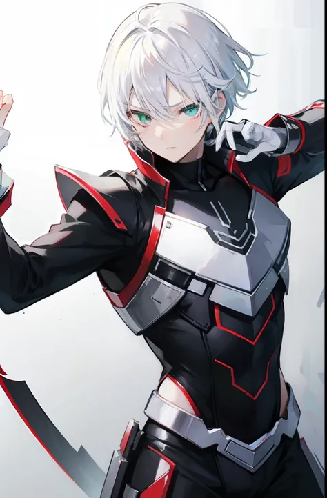 Den-O pose, wallpaper, 1boy, white hair. green eye, title,