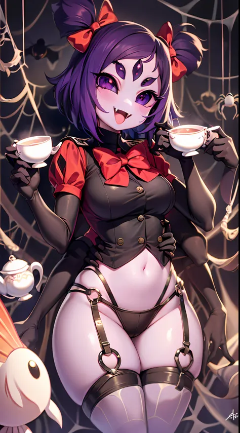 masterpiece, best quality, a beautiful and detailed portrait of muffet, monster girl,((purple body:1.3)), purple skin, humanoid, arachnid, anthro,((fangs)), pigtails, hair bows, 5 eyes, spider girl, 6 arms, solo, smile, sexy, School outfit, open mouth, awe...