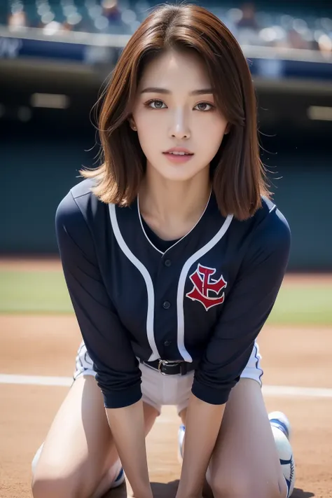 ((Top Quality, 8k, Masterpiece: 1.3)), (kneeling on the floor, open legs :1.2), Perfect Body Beauty : 1.4, large_breasts, Beautiful Woman, 1 Woman, Big: 1.4, Slender Figure : 1.1, Toned Abs, Dark Brown Hair, (baseball, Wet Body, baseball Uniform: 1.1), Ult...