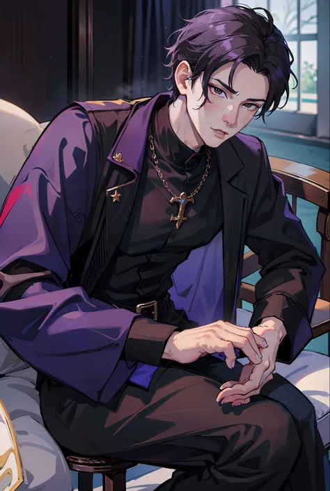 Moonlight behind, Rest in the mansion, Man with bright purple hair, inspired by Sim Sa-jeong, nixeu and sakimichan, Inspired by Wang Duo, Morgoth, inspired by Bian Shoumin, inspired by Gang Se-hwang, inspired by jeonseok lee, Tumbler, high-level image qual...