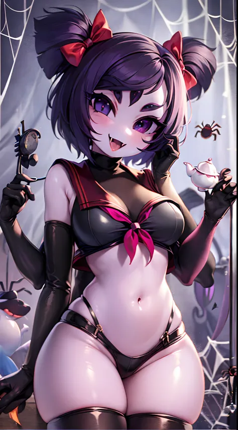 masterpiece, best quality, a beautiful and detailed portrait of muffet, monster girl,((purple body:1.3)), purple skin, humanoid, arachnid, anthro,((fangs)), pigtails, hair bows, 5 eyes, spider girl, 6 arms, solo, smile, sexy, School outfit, open mouth, awe...