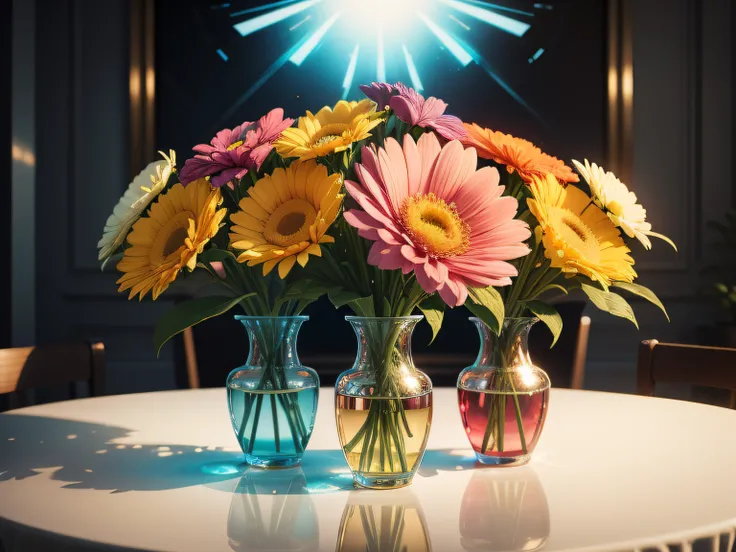 Spring bouquet of bright colors, Small flowers, Flower bouquet, Futuristic vase., Realistically rendered, photo-like style.