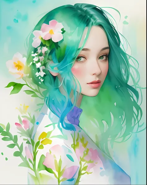 watercolor painting of a woman with a flowered head and a green background, painterly watercolor illustration, woman in flowers, an expressive digital watercolor painting, by Sergio Burzi, inspired by Pascale Campion, female watercolor portrait with flower...