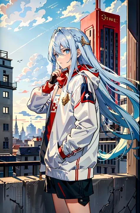 (tmasterpiece，best qualtiy)，A beautiful boy with long white hair，blue color eyes，Sweatshirt，communism，socialism，Sickle hammer，Red sky，Clouds，One guy，droid，buildings，sci-fy，城市，hentail realism