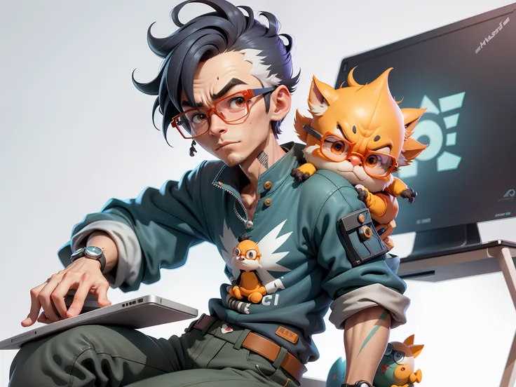 A young man with glasses sits at his desk，holding laptop，digitial painting，3D character design by Mark Clairen and Pixar and Hayao Miyazaki and Akira Toriyama，4K HD illustration，Very detailed facial features and cartoon-style visuals。